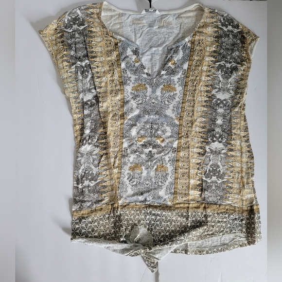 Lucky Brand Floral Paisley Multipattern Tie Front V Split Neckline Shirt - Picture 1 of 8